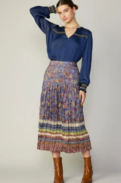 Skirts-Current Air Floral Border Print Midi Skirt BLUEBROWNMLT