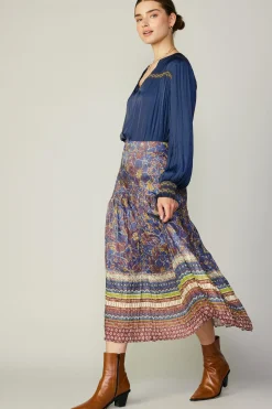 Skirts-Current Air Floral Border Print Midi Skirt BLUEBROWNMLT