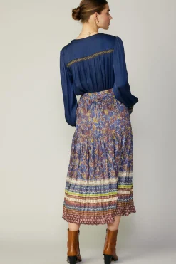 Skirts-Current Air Floral Border Print Midi Skirt BLUEBROWNMLT