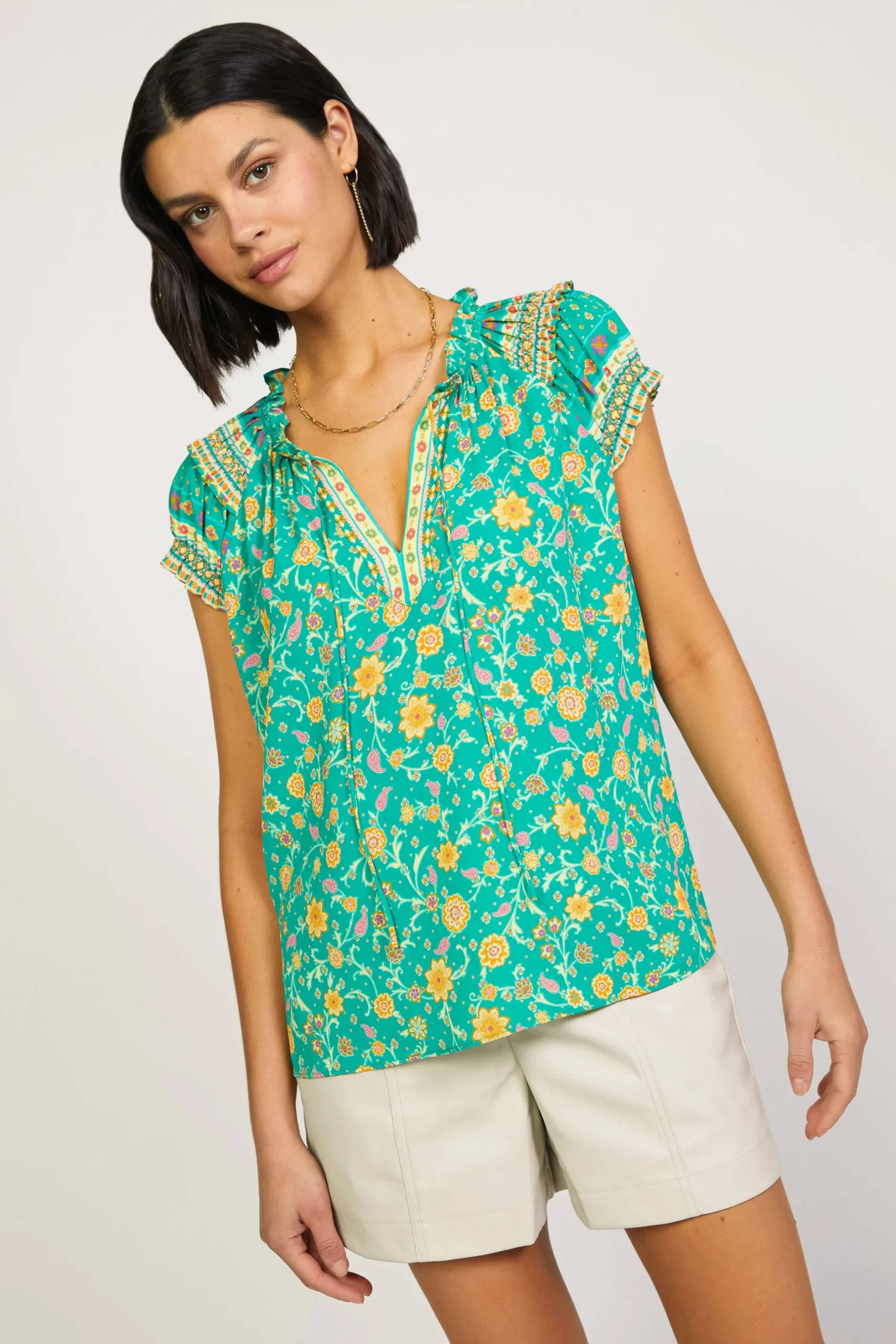 Sleeveless Tops|Short Sleeve Tops-Current Air Floral Border Print Top GREENYELLOWFLORAL