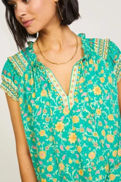 Sleeveless Tops|Short Sleeve Tops-Current Air Floral Border Print Top GREENYELLOWFLORAL