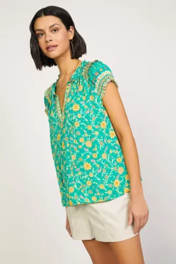 Sleeveless Tops|Short Sleeve Tops-Current Air Floral Border Print Top GREENYELLOWFLORAL