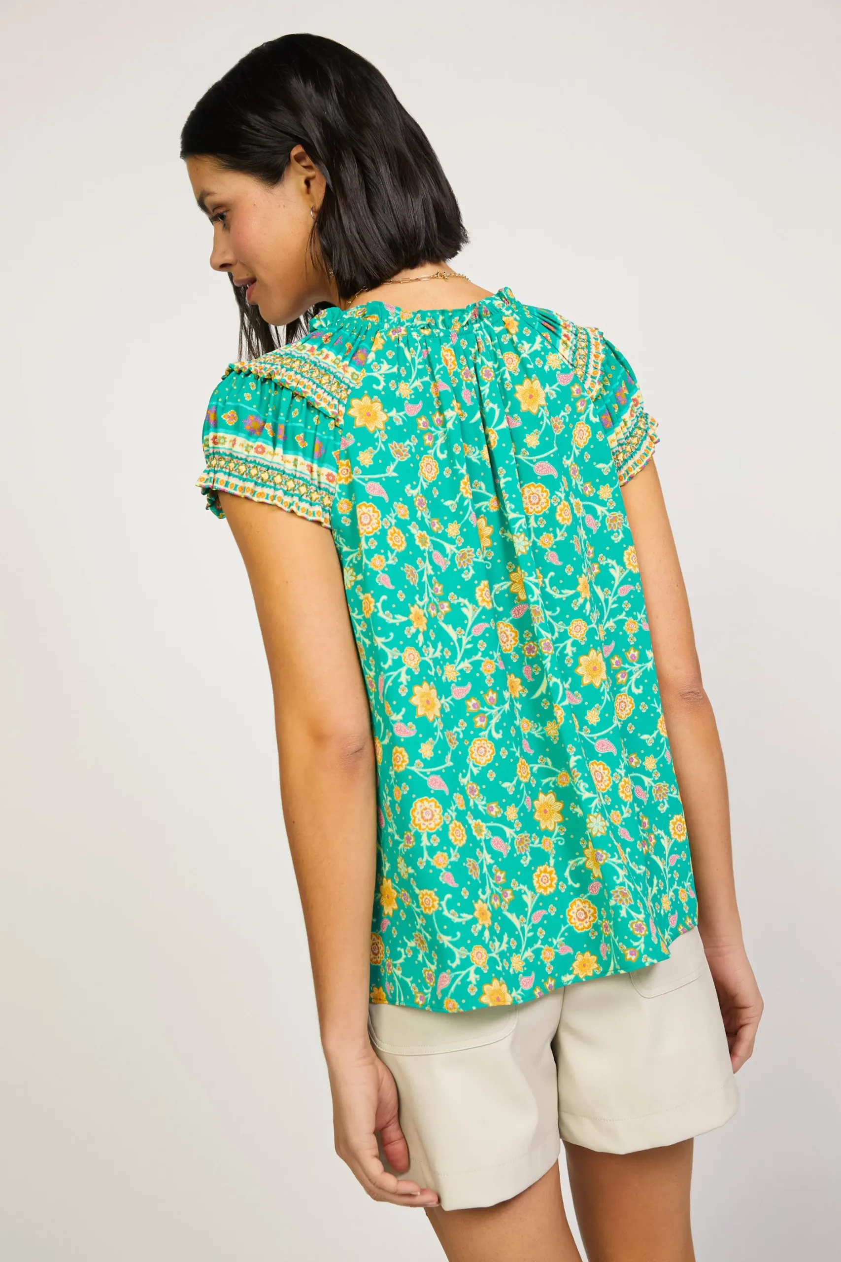 Sleeveless Tops|Short Sleeve Tops-Current Air Floral Border Print Top GREENYELLOWFLORAL