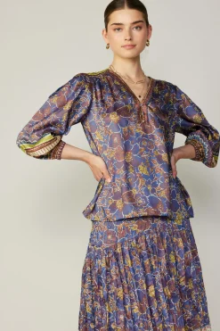Long Sleeve Tops-Current Air Floral Border Print Top BLUEBROWNMLT