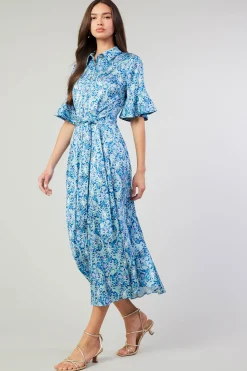 Midi Dresses-Current Air Floral Buttondown Shirt Dress BLUEMLT