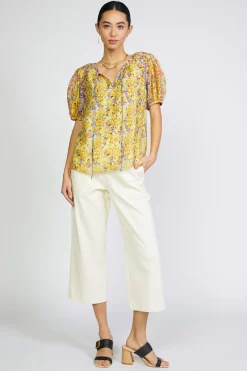 Short Sleeve Tops-Current Air Floral Colorblock Split Neck Blouse MULTI