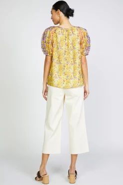 Short Sleeve Tops-Current Air Floral Colorblock Split Neck Blouse MULTI