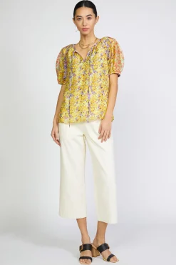 Short Sleeve Tops-Current Air Floral Colorblock Split Neck Blouse MULTI