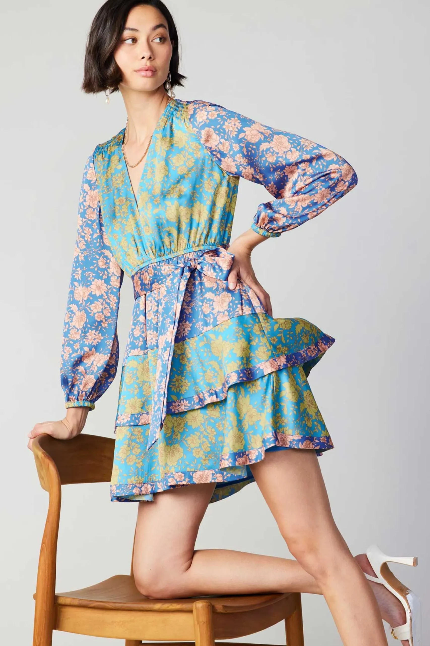 Mini Dresses-Current Air Floral Colorblock Surplice Mini Dress BLUEMULTIFLORAL
