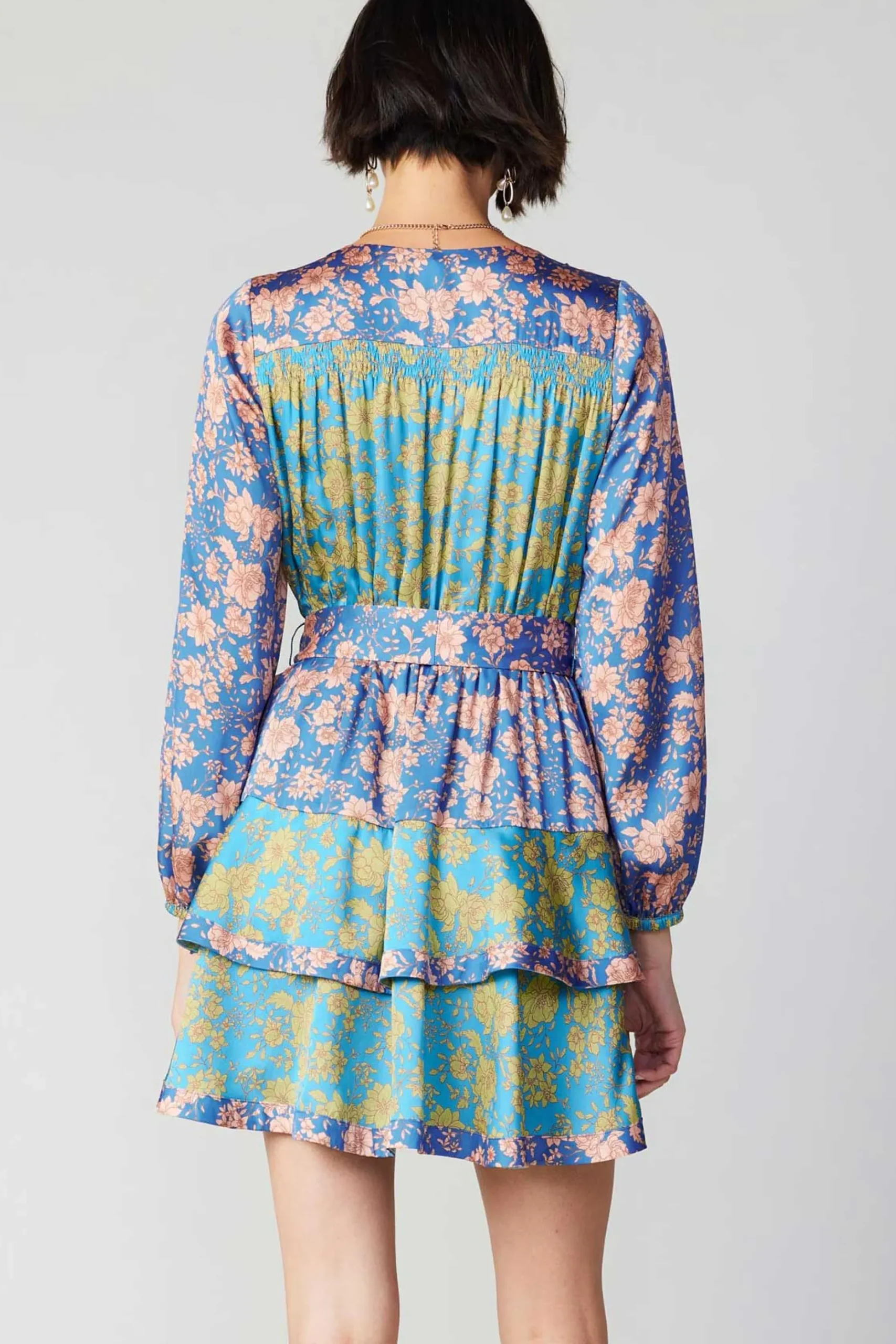 Mini Dresses-Current Air Floral Colorblock Surplice Mini Dress BLUEMULTIFLORAL