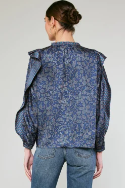 Long Sleeve Tops-Current Air Floral Constellation Blouse NAVY