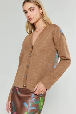 Knitwear|Cardigans-Current Air Floral Contrast Cardigan HAZELNUT
