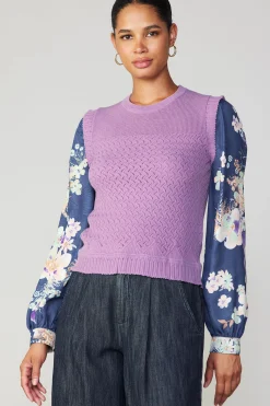Long Sleeve Tops|Sweaters-Current Air Floral Contrast Sleeve Sweater Top LILAC