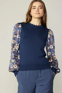 Long Sleeve Tops|Sweaters-Current Air Floral Contrast Sweater Top NAVYFLORAL