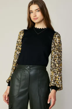 Long Sleeve Tops|Sweaters-Current Air Floral Contrast Sweater Top BLACKFLORAL