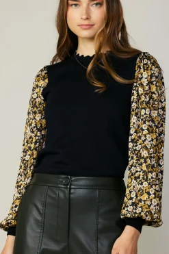 Long Sleeve Tops|Sweaters-Current Air Floral Contrast Sweater Top BLACKFLORAL