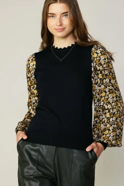 Long Sleeve Tops|Sweaters-Current Air Floral Contrast Sweater Top BLACKFLORAL