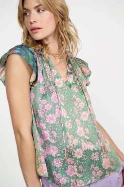 Sleeveless Tops-Current Air Floral Gradient Ruffled Blouse FLORALGREENMLT