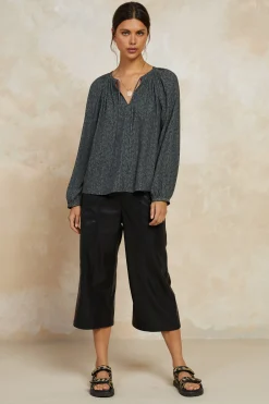 Long Sleeve Tops-Current Air Floral Jacquard Split Neck Top DARKOLIVE