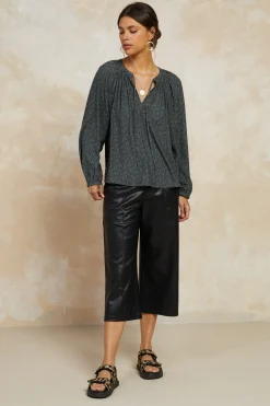 Long Sleeve Tops-Current Air Floral Jacquard Split Neck Top DARKOLIVE