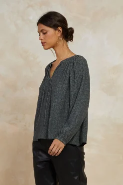 Long Sleeve Tops-Current Air Floral Jacquard Split Neck Top DARKOLIVE