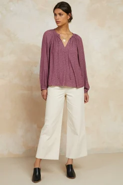 Long Sleeve Tops-Current Air Floral Jacquard Split Neck Top DRIEDROSE