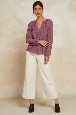 Long Sleeve Tops-Current Air Floral Jacquard Split Neck Top DRIEDROSE