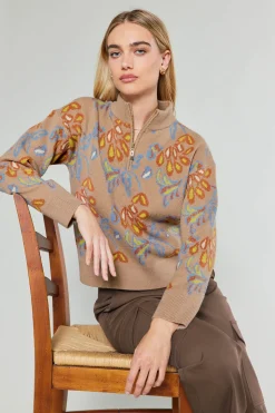 Knitwear|Sweaters-Current Air Floral Jacquard Zip Sweater TAUPEMULTI