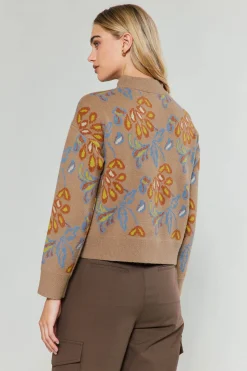 Knitwear|Sweaters-Current Air Floral Jacquard Zip Sweater TAUPEMULTI