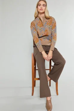 Knitwear|Sweaters-Current Air Floral Jacquard Zip Sweater TAUPEMULTI