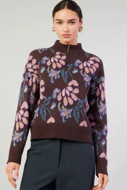 Knitwear|Sweaters-Current Air Floral Jacquard Zip Sweater BROWNMLT