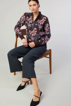 Knitwear|Sweaters-Current Air Floral Jacquard Zip Sweater BROWNMLT