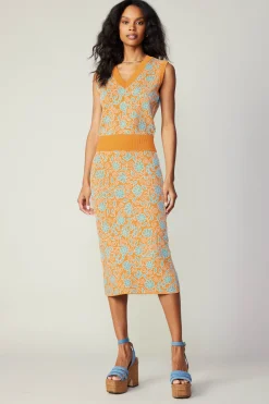 Knitwear|Skirts-Current Air Floral Knit Midi Skirt ORANGEMLT