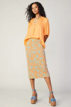 Knitwear|Skirts-Current Air Floral Knit Midi Skirt ORANGEMLT