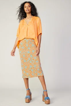 Knitwear|Skirts-Current Air Floral Knit Midi Skirt ORANGEMLT