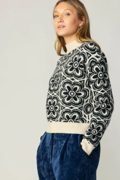 Sweaters-Current Air Floral Mock Neck Sweater BLACK