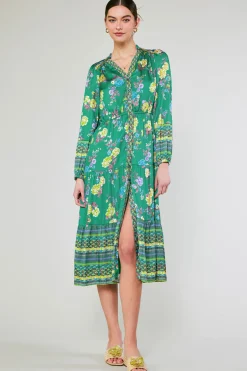 Midi Dresses-Current Air Floral Motif Buttondown Dress GREENFLORALMLT