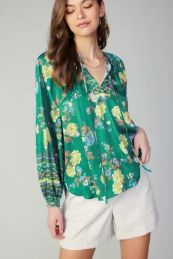 Long Sleeve Tops-Current Air Floral Motif Tieneck Blouse GREENFLORALMLT