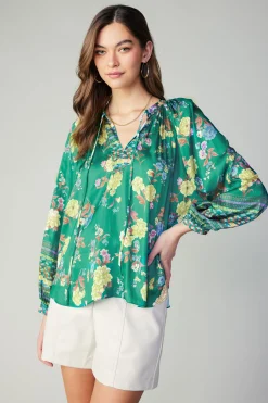 Long Sleeve Tops-Current Air Floral Motif Tieneck Blouse GREENFLORALMLT