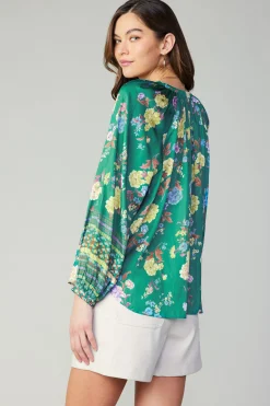 Long Sleeve Tops-Current Air Floral Motif Tieneck Blouse GREENFLORALMLT