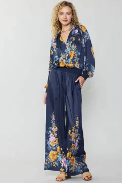 Pants-Current Air Floral Motif Wide Pants FLORALBLUEMLT