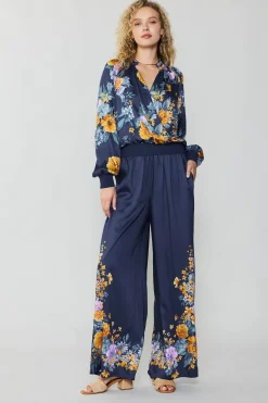 Pants-Current Air Floral Motif Wide Pants FLORALBLUEMLT