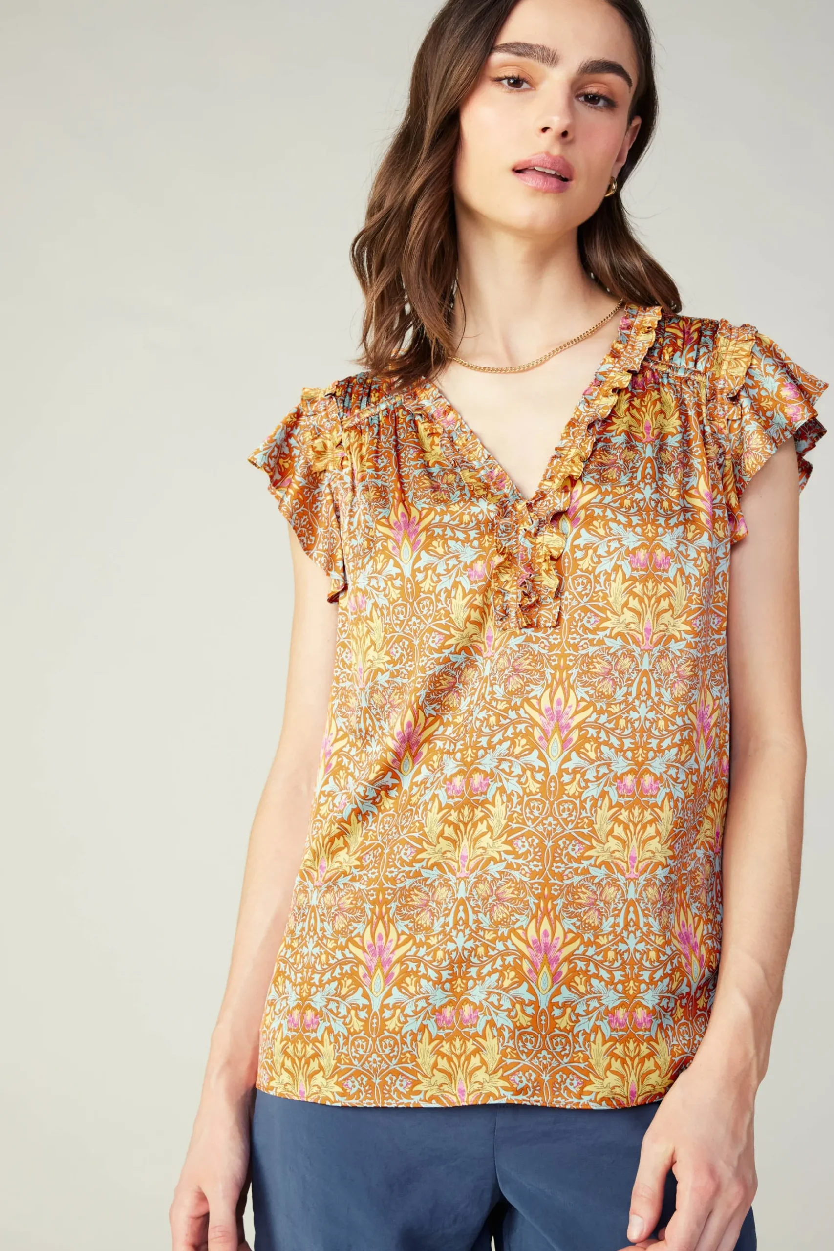 Sleeveless Tops|Short Sleeve Tops-Current Air Floral Nouveau Blouse ORANGEMLT