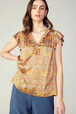 Sleeveless Tops|Short Sleeve Tops-Current Air Floral Nouveau Blouse ORANGEMLT