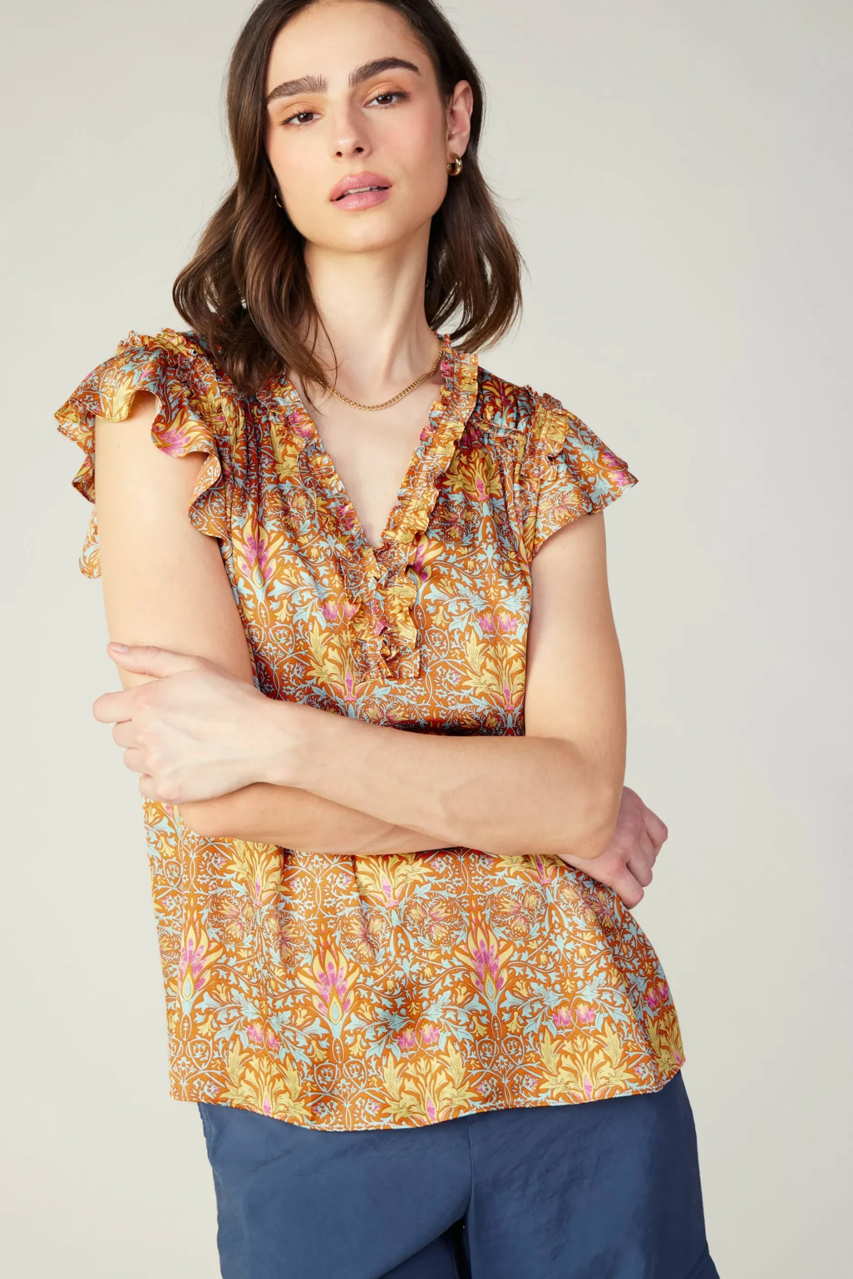 Sleeveless Tops|Short Sleeve Tops-Current Air Floral Nouveau Blouse ORANGEMLT