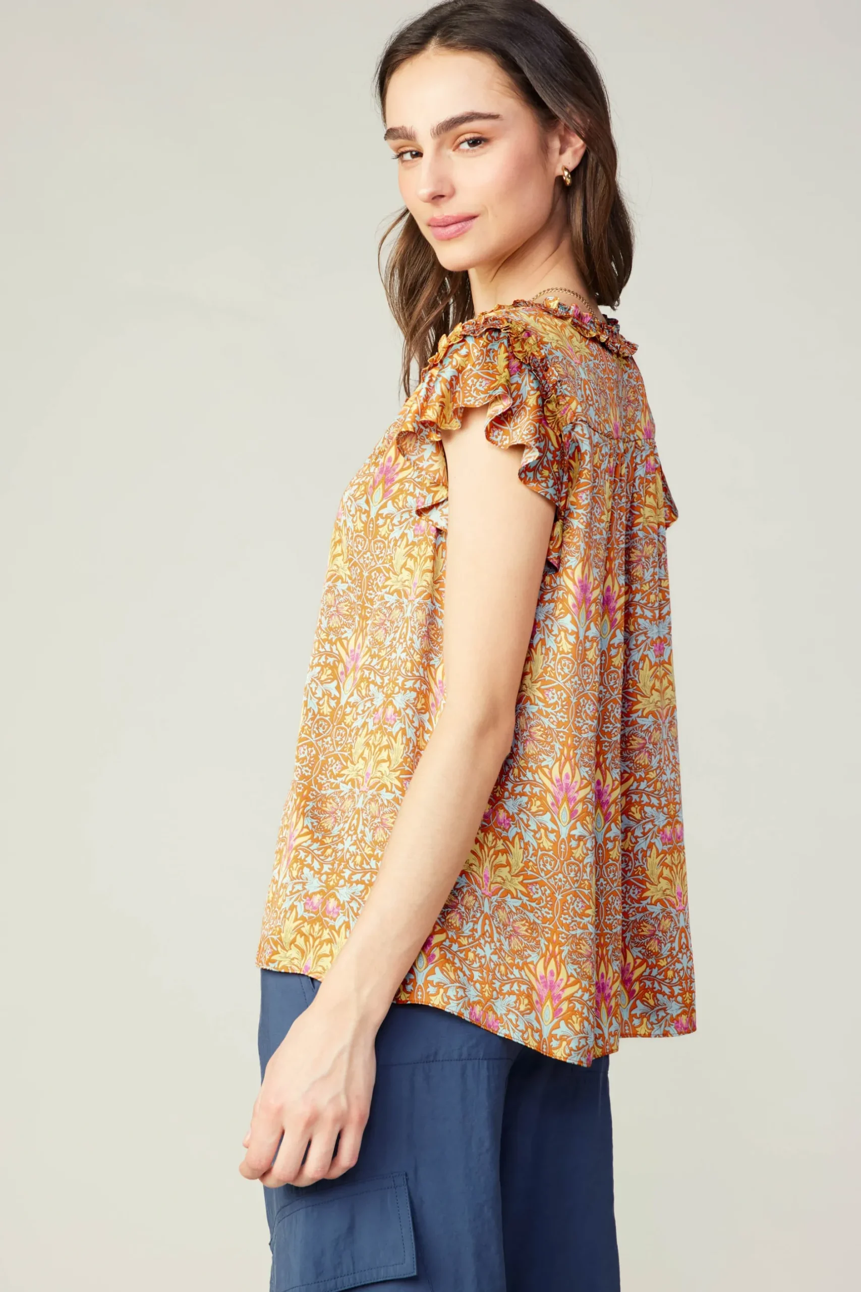 Sleeveless Tops|Short Sleeve Tops-Current Air Floral Nouveau Blouse ORANGEMLT