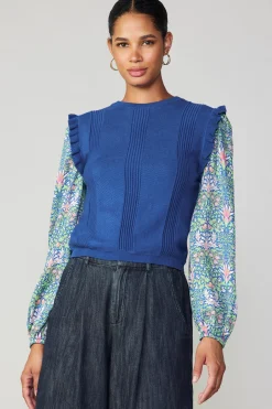 Sweaters-Current Air Floral Nouveau Contrast Top BLUE