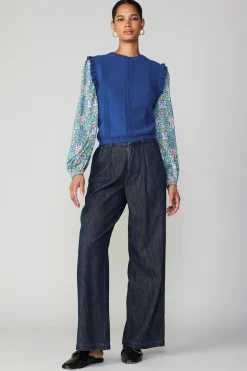 Sweaters-Current Air Floral Nouveau Contrast Top BLUE