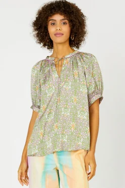 Short Sleeve Tops-Current Air Floral Nouveau Split Neck Blouse GREENPINK