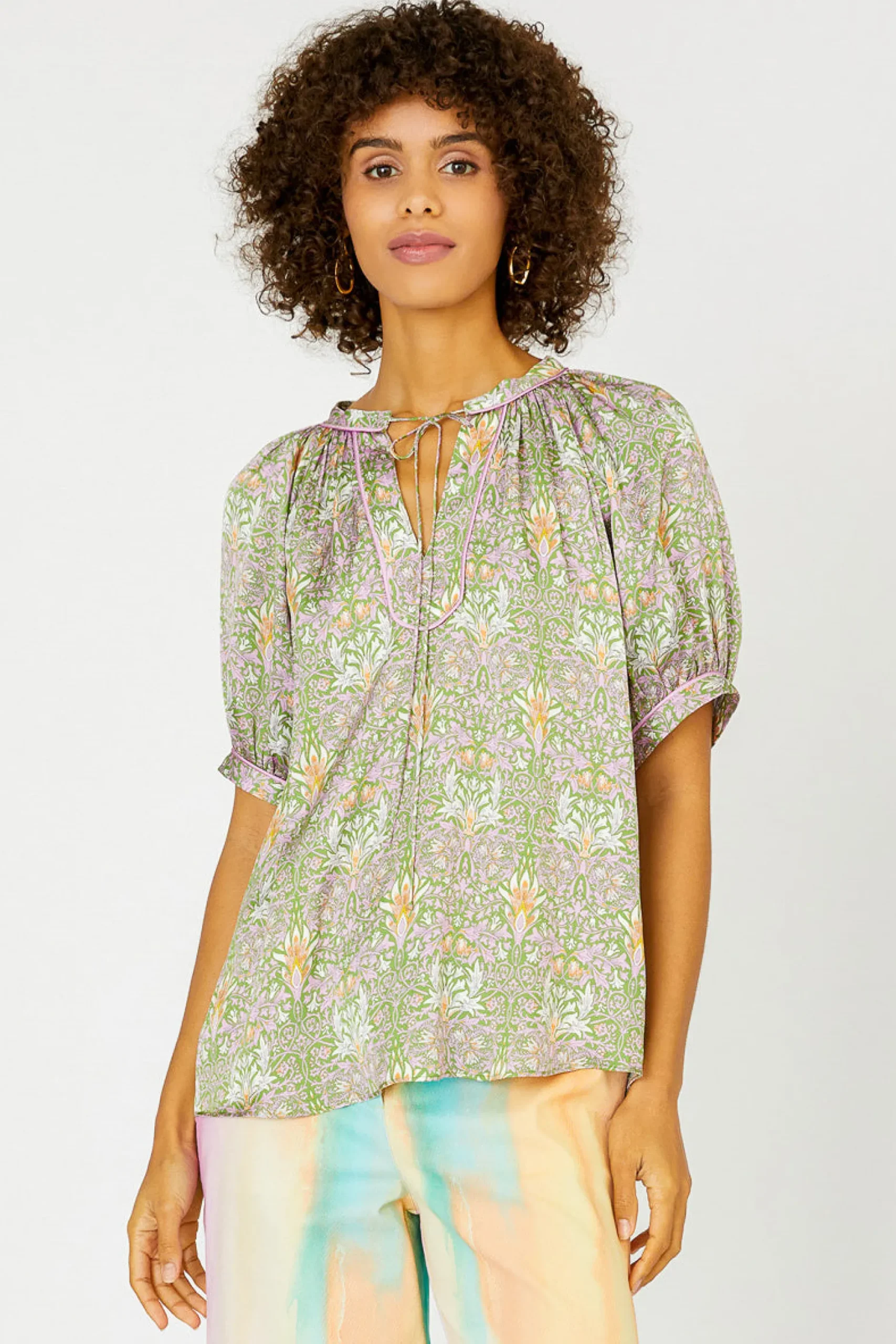 Short Sleeve Tops-Current Air Floral Nouveau Split Neck Blouse GREENPINK